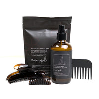 Luna Beach Capsule in Deep Amber — Meera summer bundle with Luna tortoise clip, Mineral Sea Spray, and Mahalo Herbal Tea