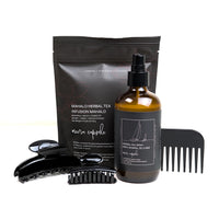 Luna Beach Capsule in Piano Black — Meera summer bundle with Luna jet-black clip, Mineral Sea Spray, and Mahalo Herbal Tea