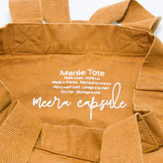 Marée Tote Clay detail — natural French linen weave with reinforced shoulder straps