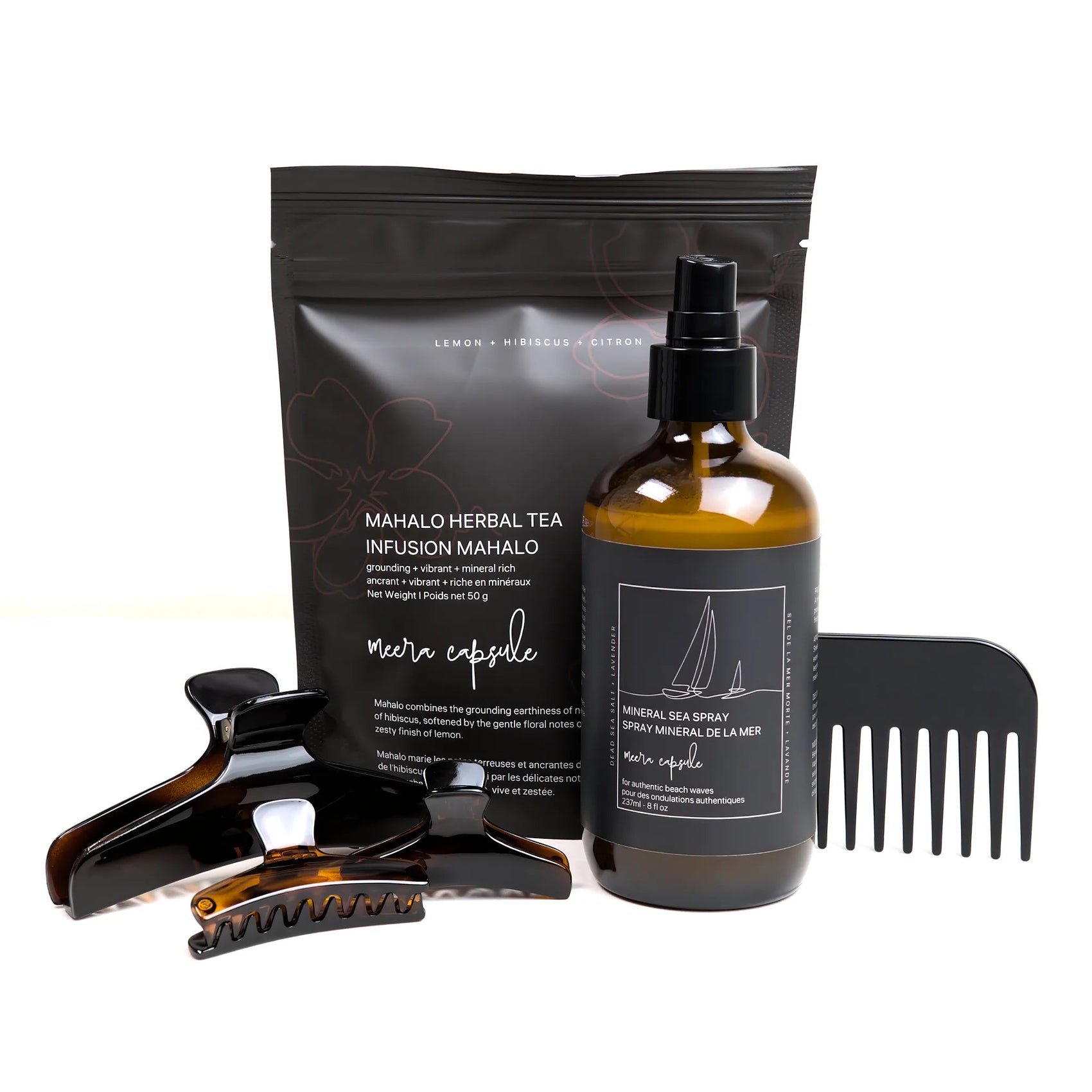 Bambi Beach Capsule in Deep Amber — Meera summer bundle with Bambi tortoise clips, Mineral Sea Spray, and Mahalo Herbal Tea