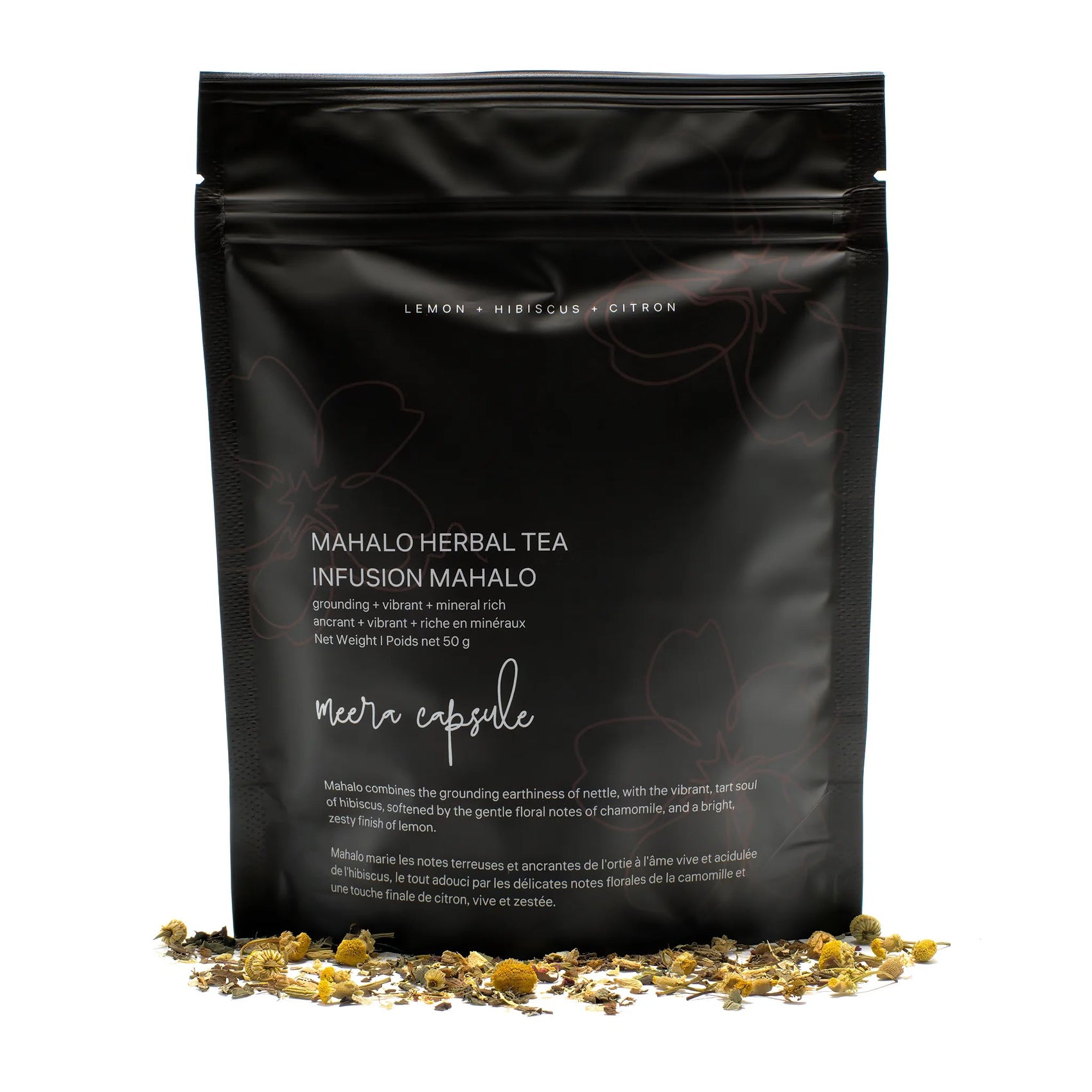 Mahalo Herbal Tea by Meera Capsule — caffeine-free organic herbal blend in a matte black pouch