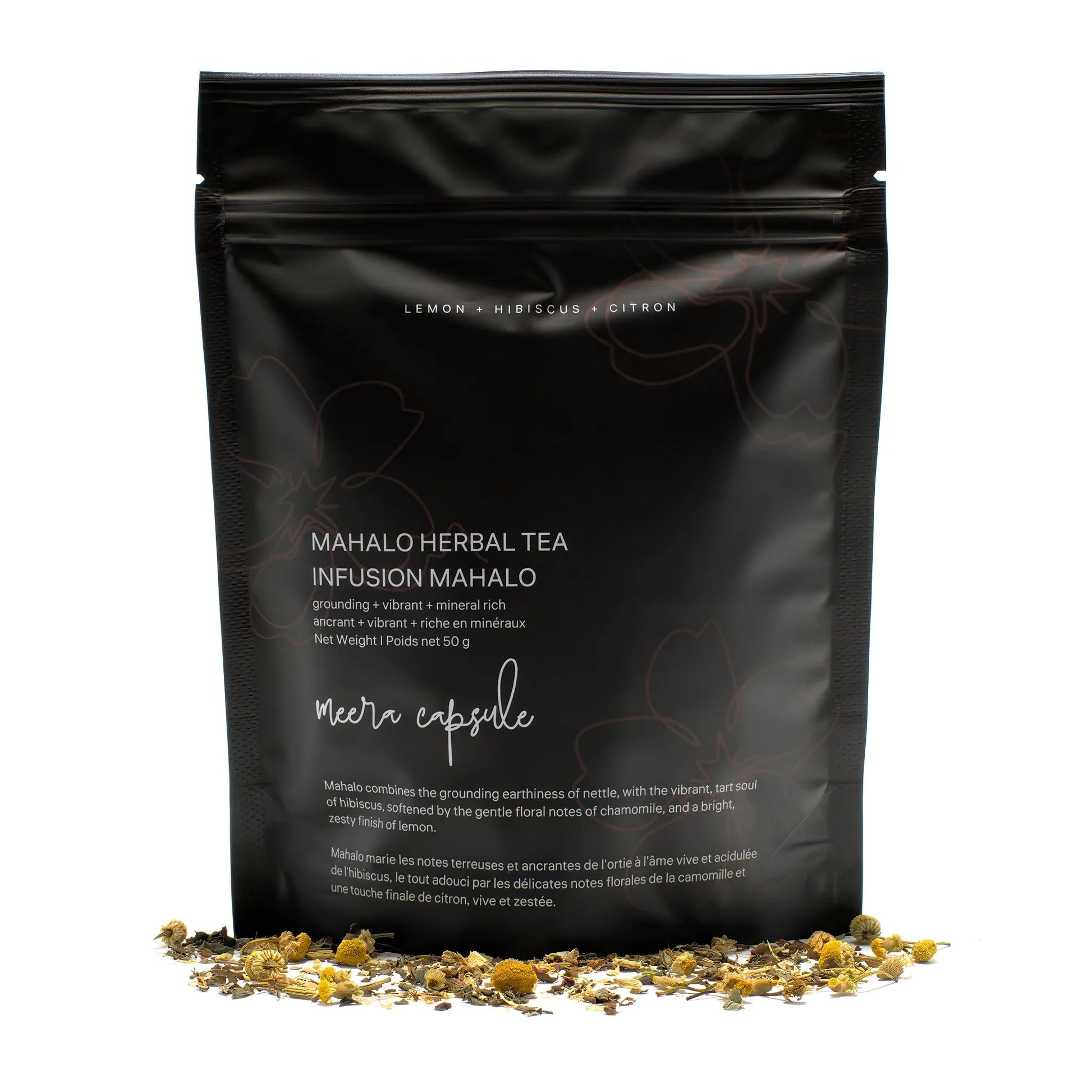 Mahalo Herbal Tea by Meera Capsule — caffeine-free organic herbal blend in a matte black pouch