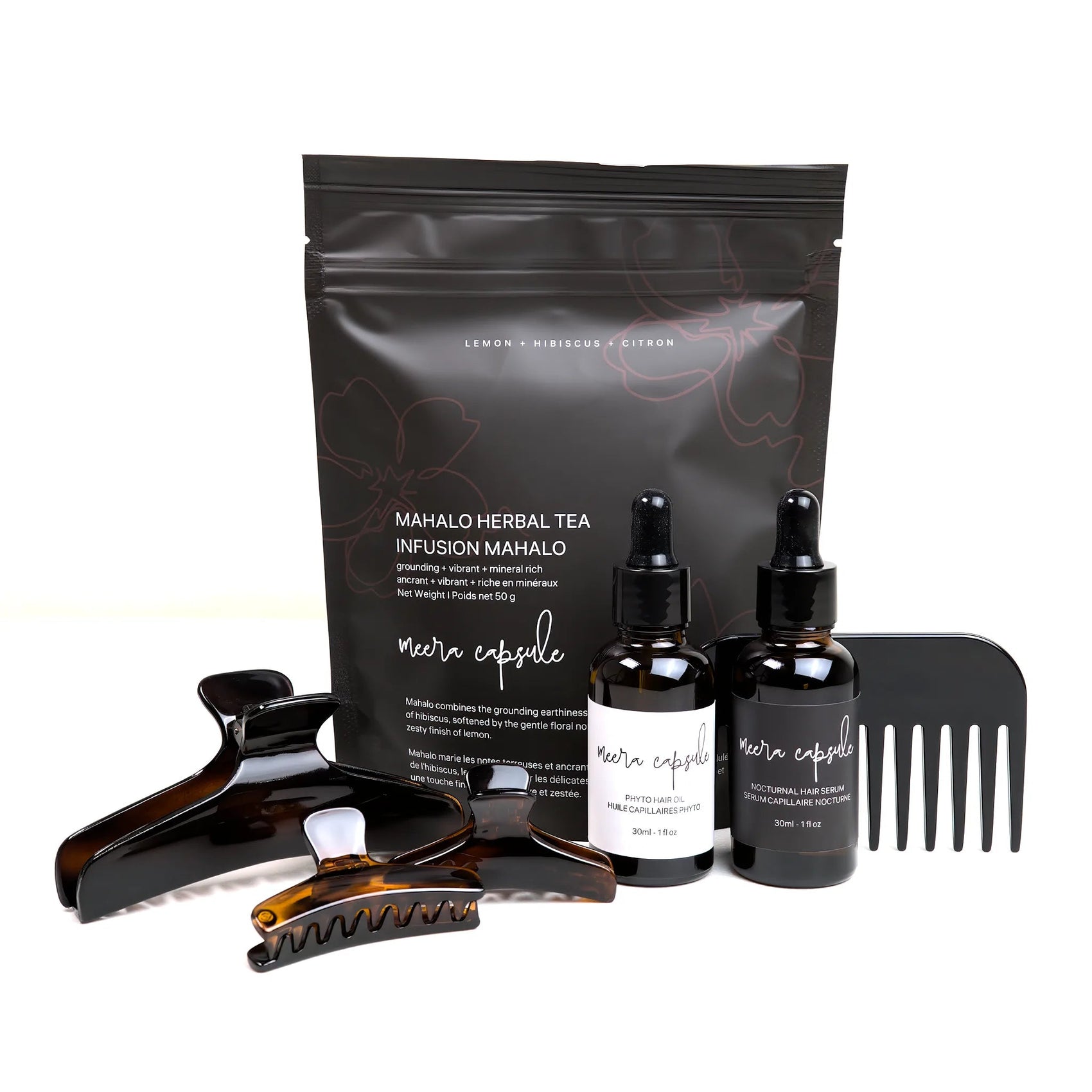 Bambi Nourish Capsule in Deep Amber — Meera evening ritual bundle with Bambi tortoise clip, Phyto Oil, Nocturnal Serum, and Mahalo Tea