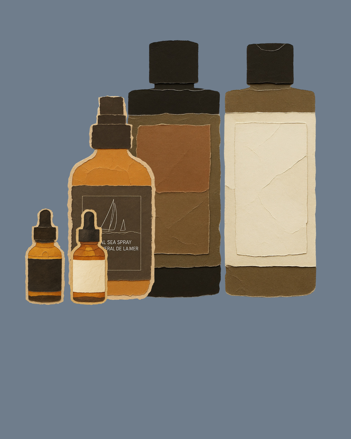 Torn-paper collage of Meera Capsule formula bottles on a slate blue ground