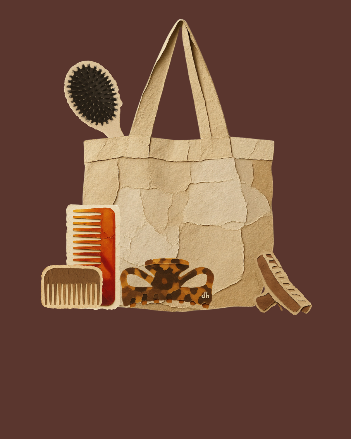 Torn-paper collage of a linen tote with a brush, combs and claw clips on a deep brown ground