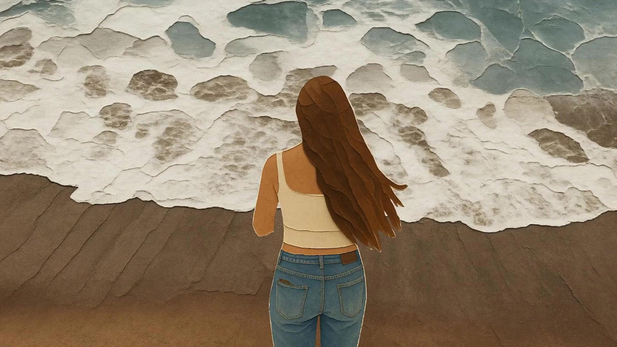 Torn-paper collage of a woman on a beach looking out at the sea