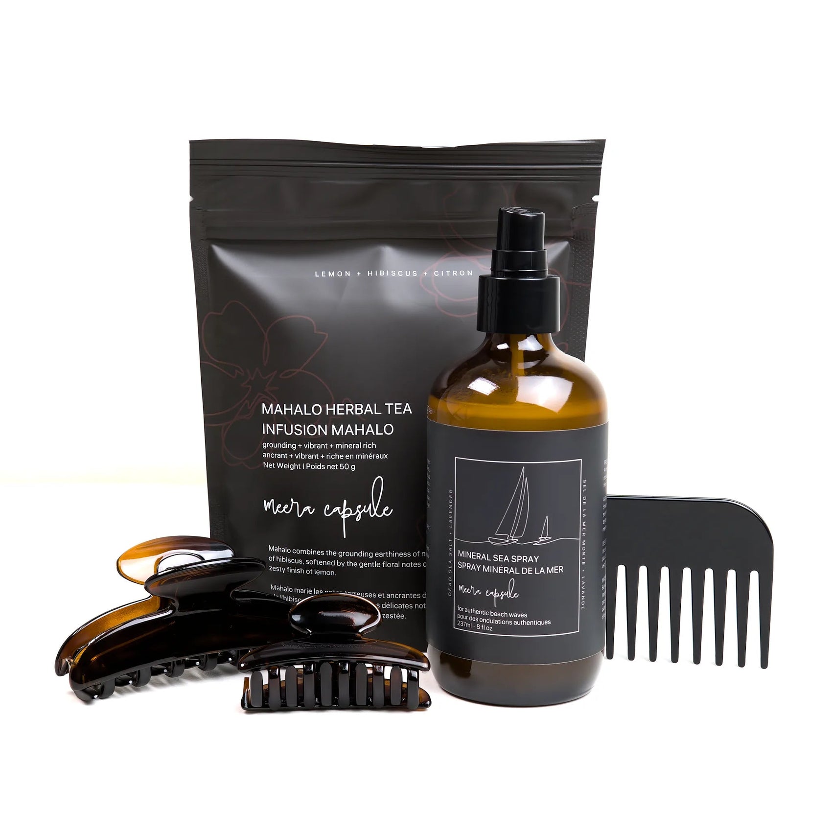 Luna Beach Capsule in Deep Amber — Meera summer bundle with Luna tortoise clip, Mineral Sea Spray, and Mahalo Herbal Tea