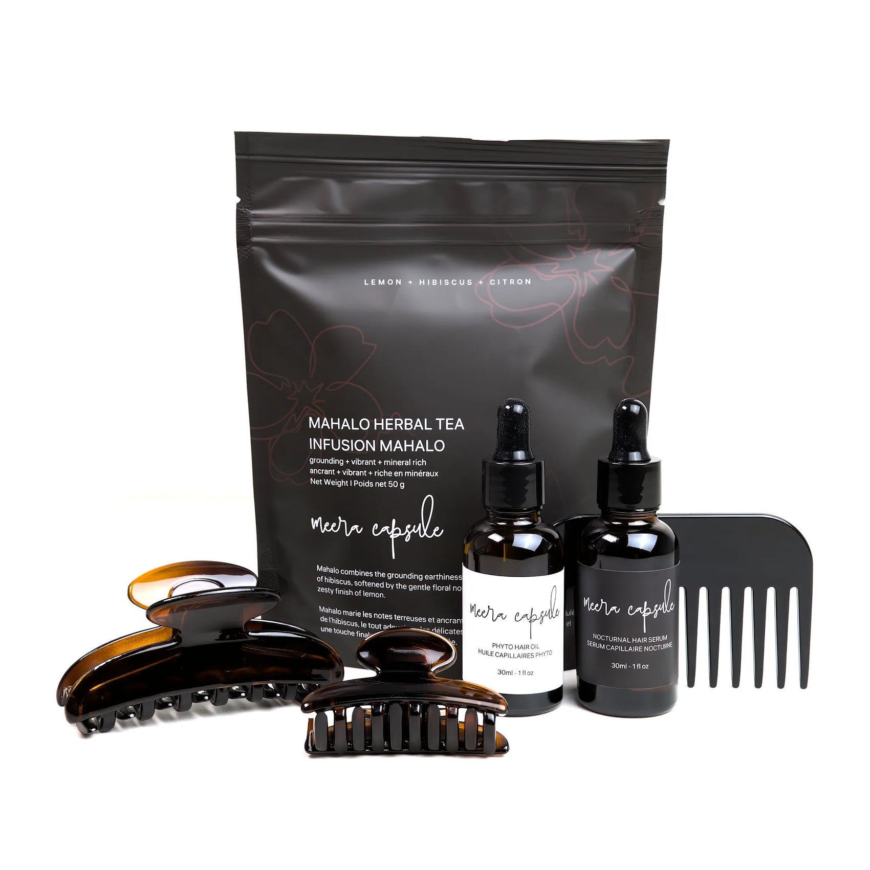 Luna Nourish Capsule in Deep Amber — Meera evening ritual bundle with Luna tortoise clip, Phyto Oil, Nocturnal Serum, and Mahalo Tea