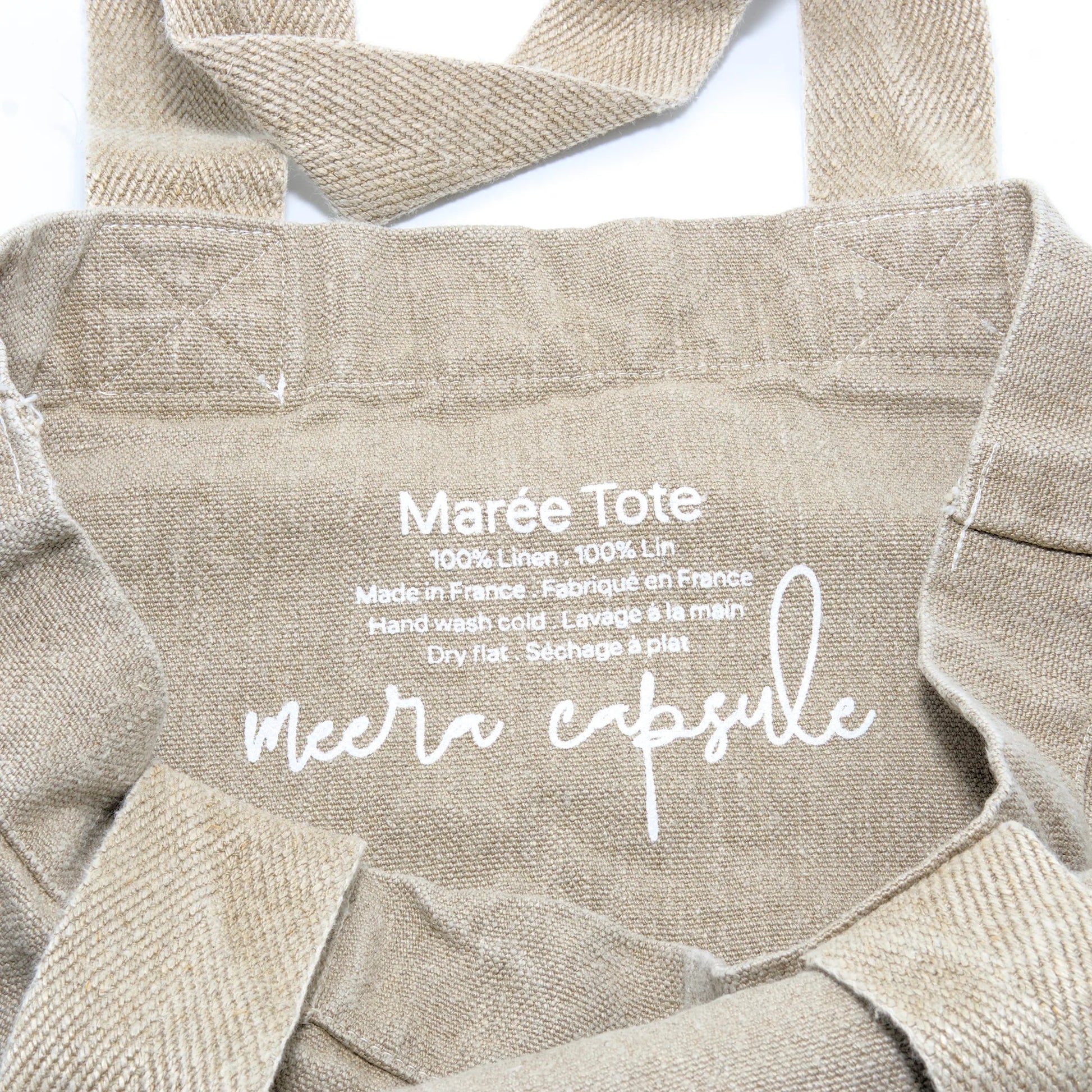 Marée Tote Sandbar detail — natural French linen weave with reinforced shoulder straps