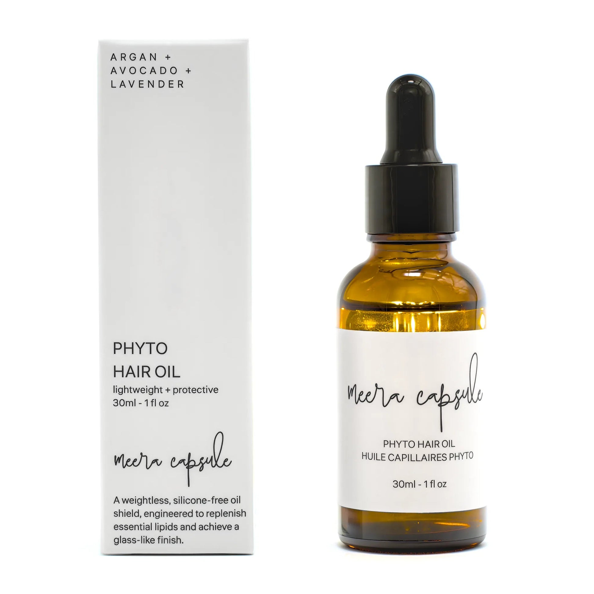 Phyto Hair Oil bottle on neutral backdrop — Meera Capsule everyday scalp ritual