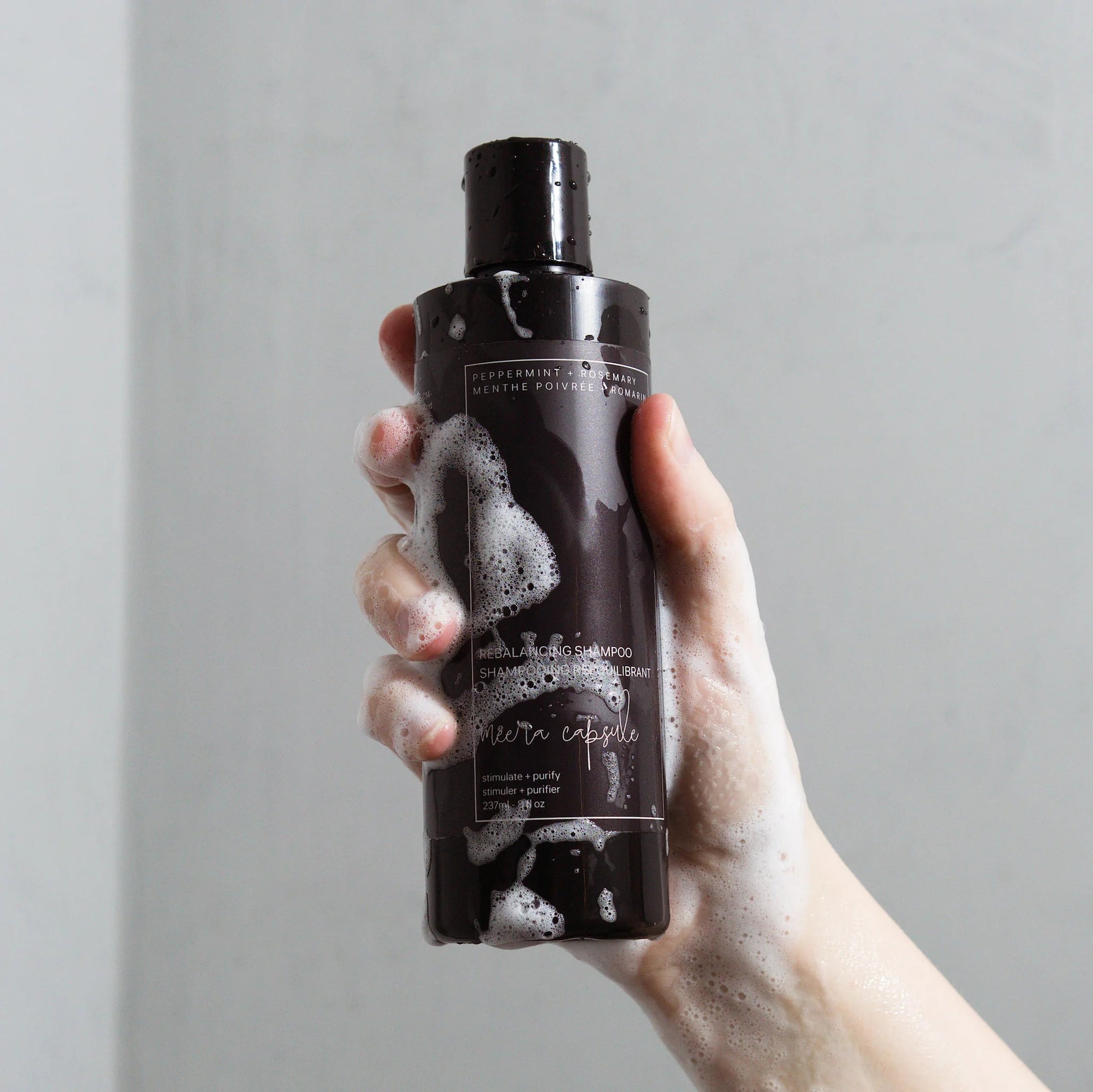 Rebalancing Shampoo bottle detail — SLS-free clarifying shampoo