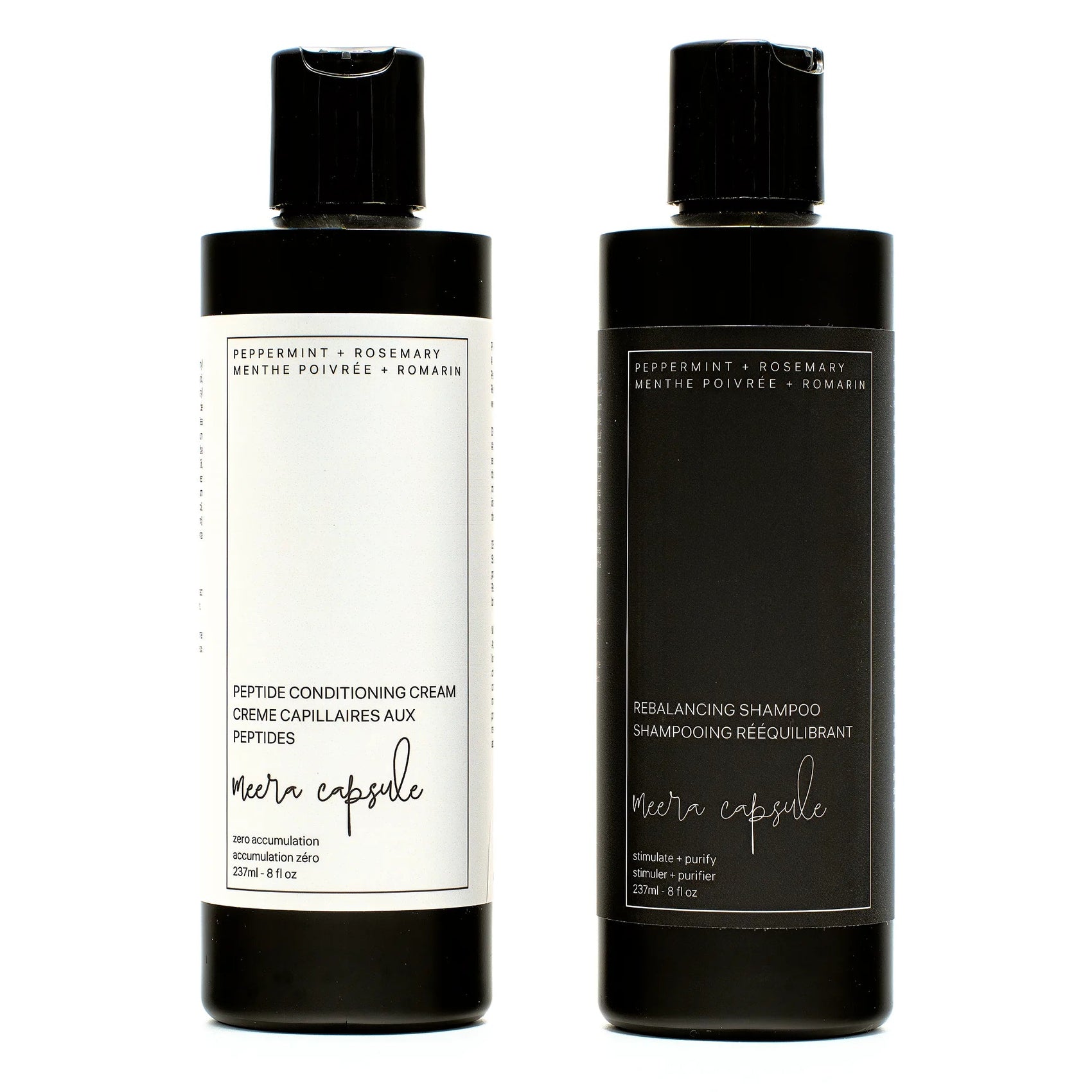 Shampoo and Conditioner bundle bottle detail — Meera Capsule cleanse and condition duo