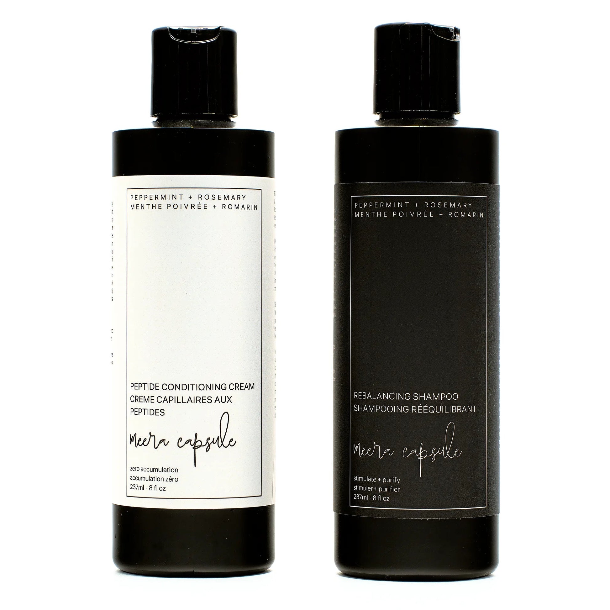 Shampoo and Conditioner bundle bottle detail — Meera Capsule cleanse and condition duo